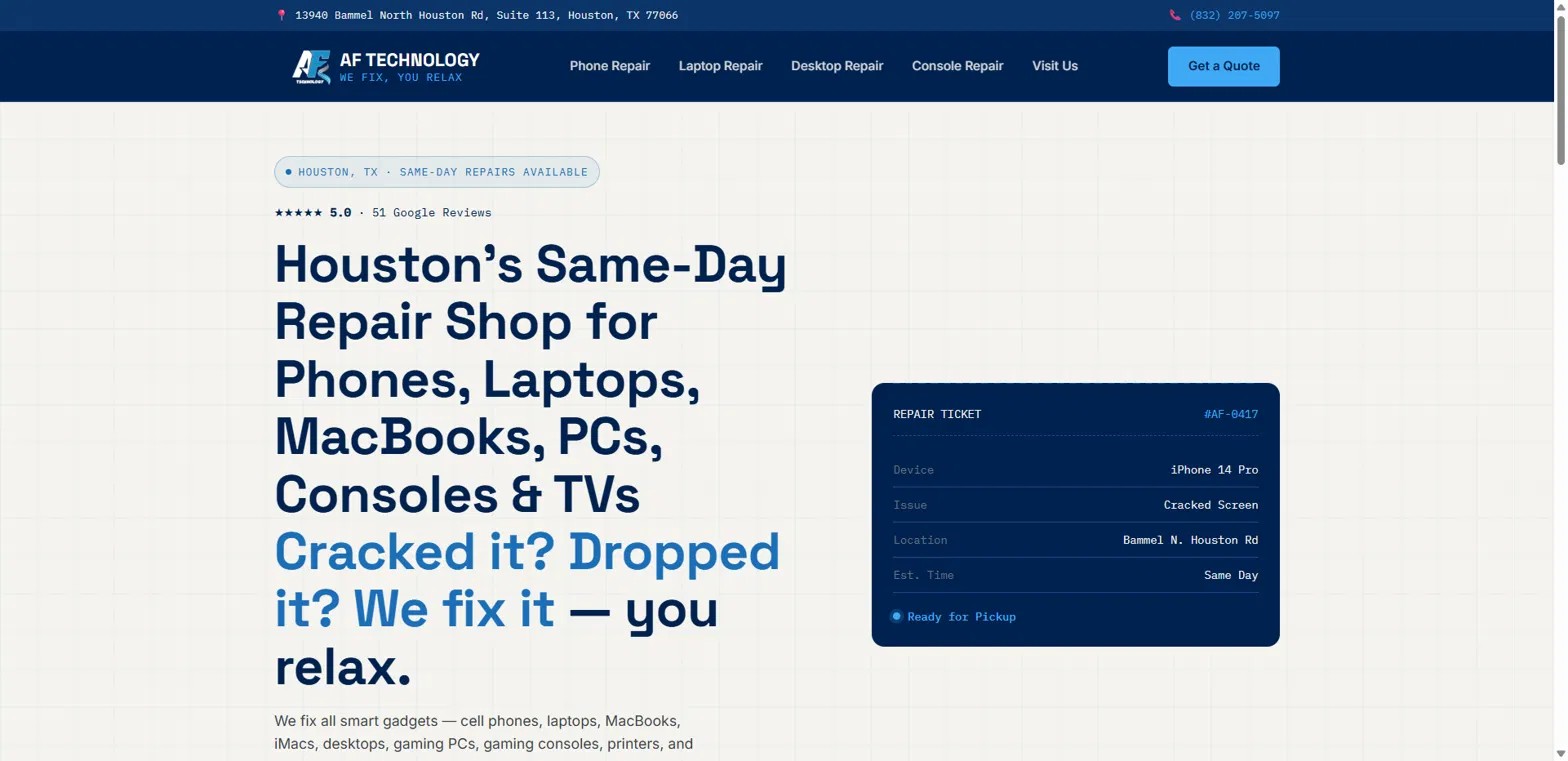 AF Technology — Houston, TX repair shop website built by The Web Makers