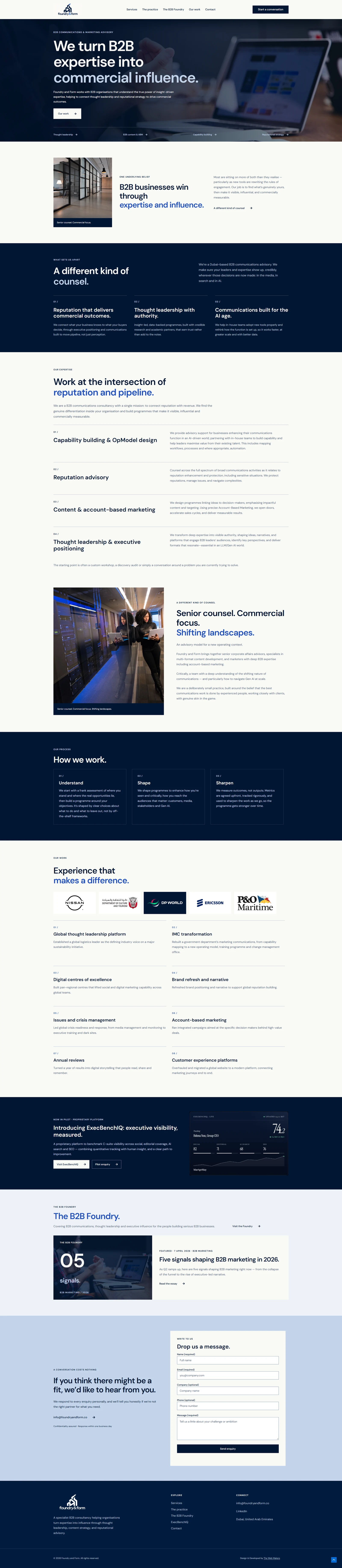 Full homepage screenshot of Foundry and Form, showing its services, practice, work, editorial and contact sections