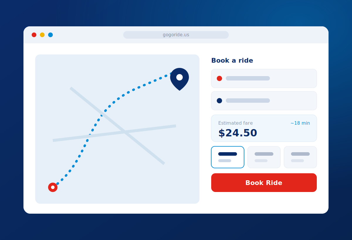 GoGoride taxi-booking platform interface — map, live fare estimate and ride booking, built by The Web Makers