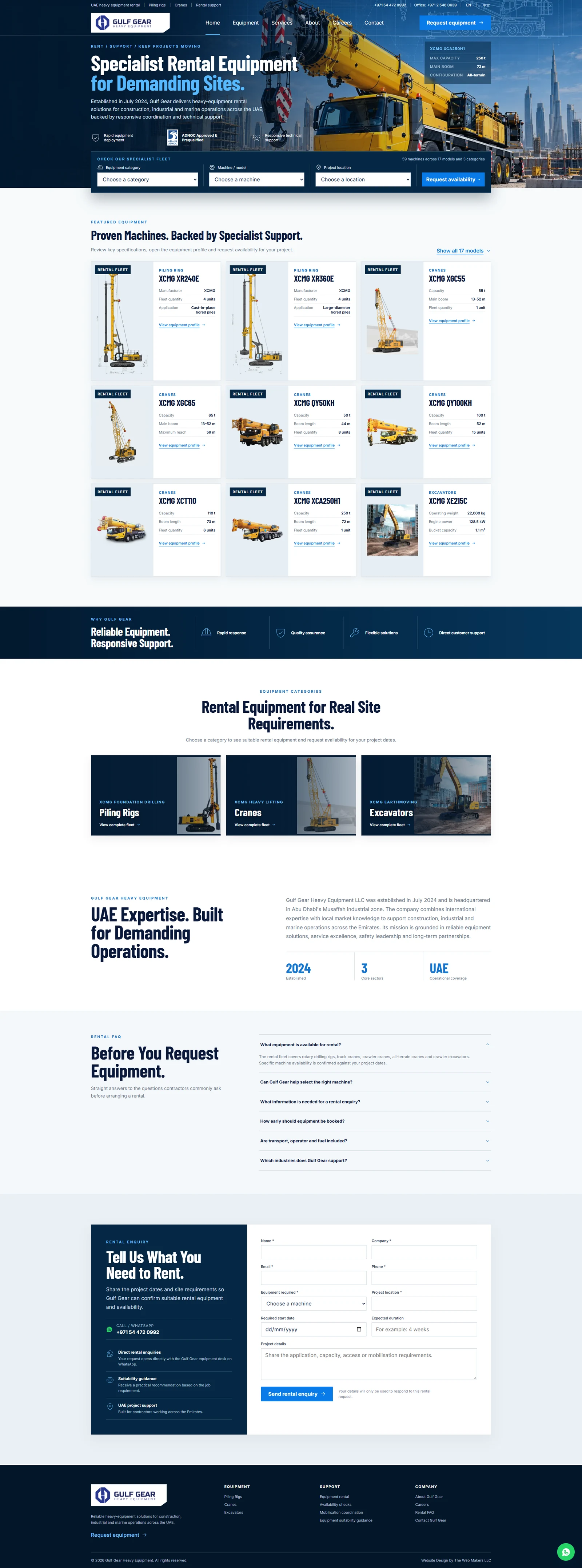 Full Gulf Gear homepage showing equipment, company information, rental FAQ and enquiry form