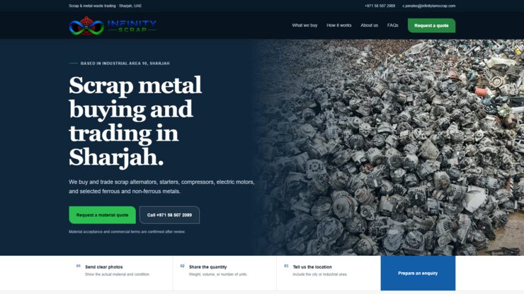 Infinity Scrap — scrap and metal waste trading website in Sharjah built by The Web Makers