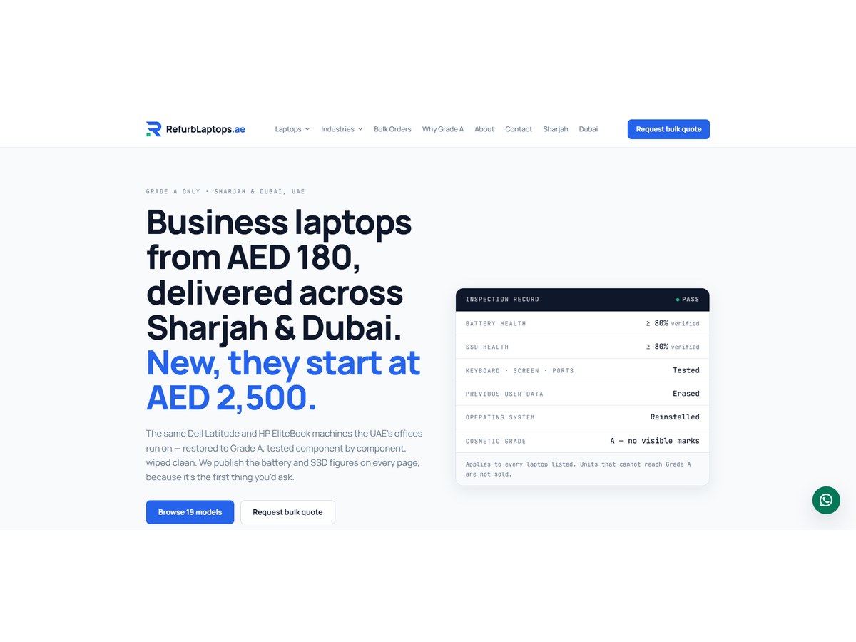 RefurbLaptops.ae — Grade A refurbished business laptop store built by The Web Makers