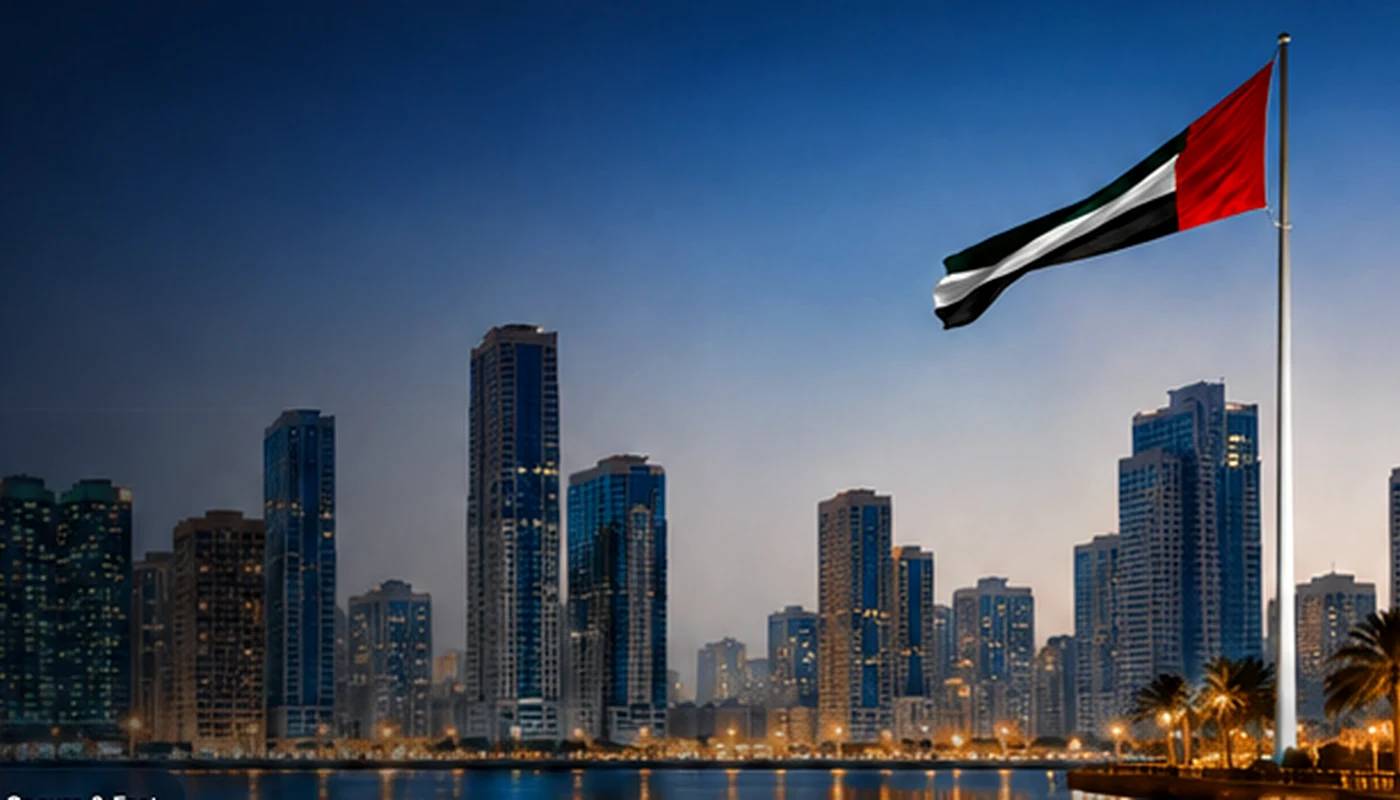 Sharjah skyline and UAE flag representing local web design services in Sharjah